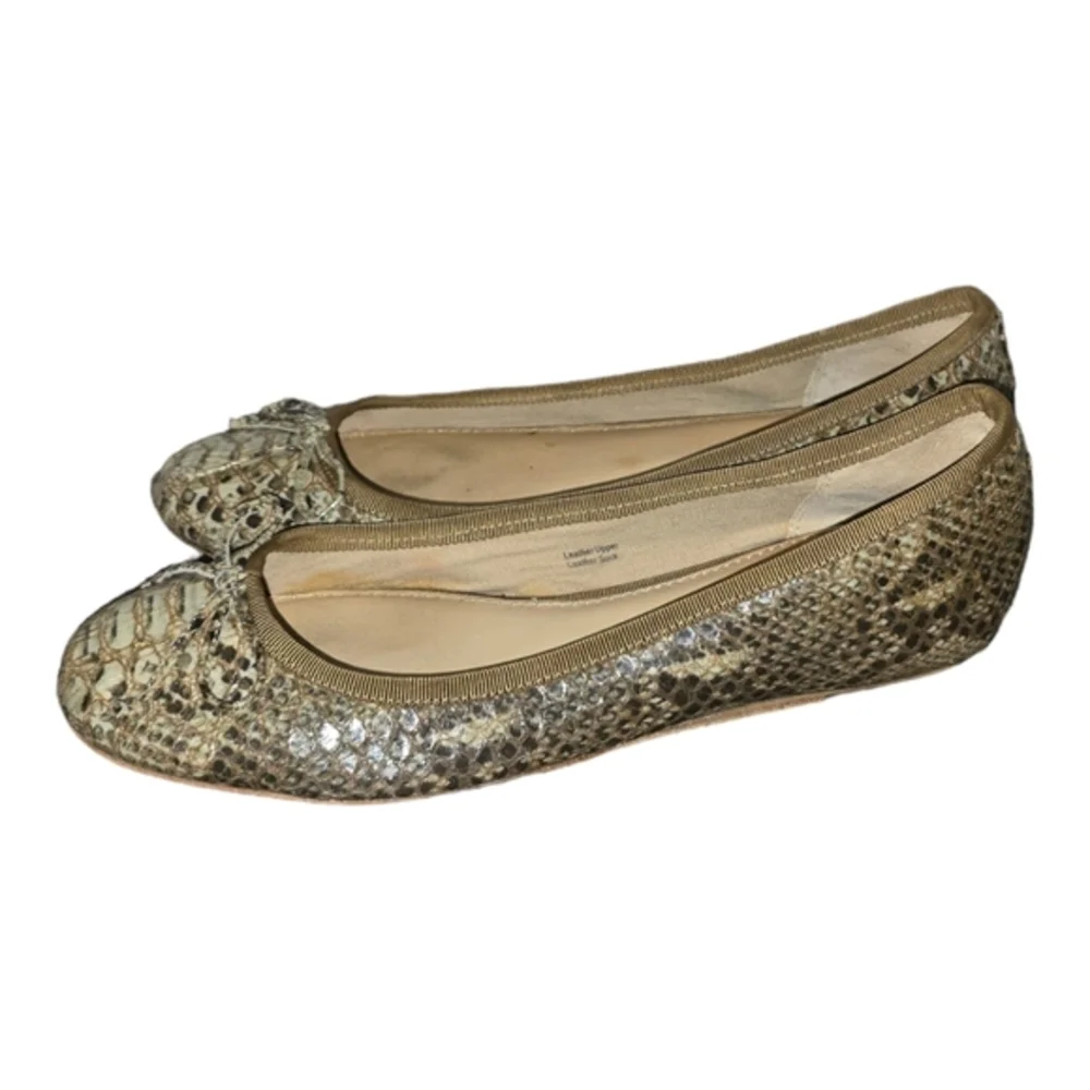 10022-Shoe Saks Fifth‎ Avenue Green/Brown Leather Snake Skin Bow Flats Sz 7